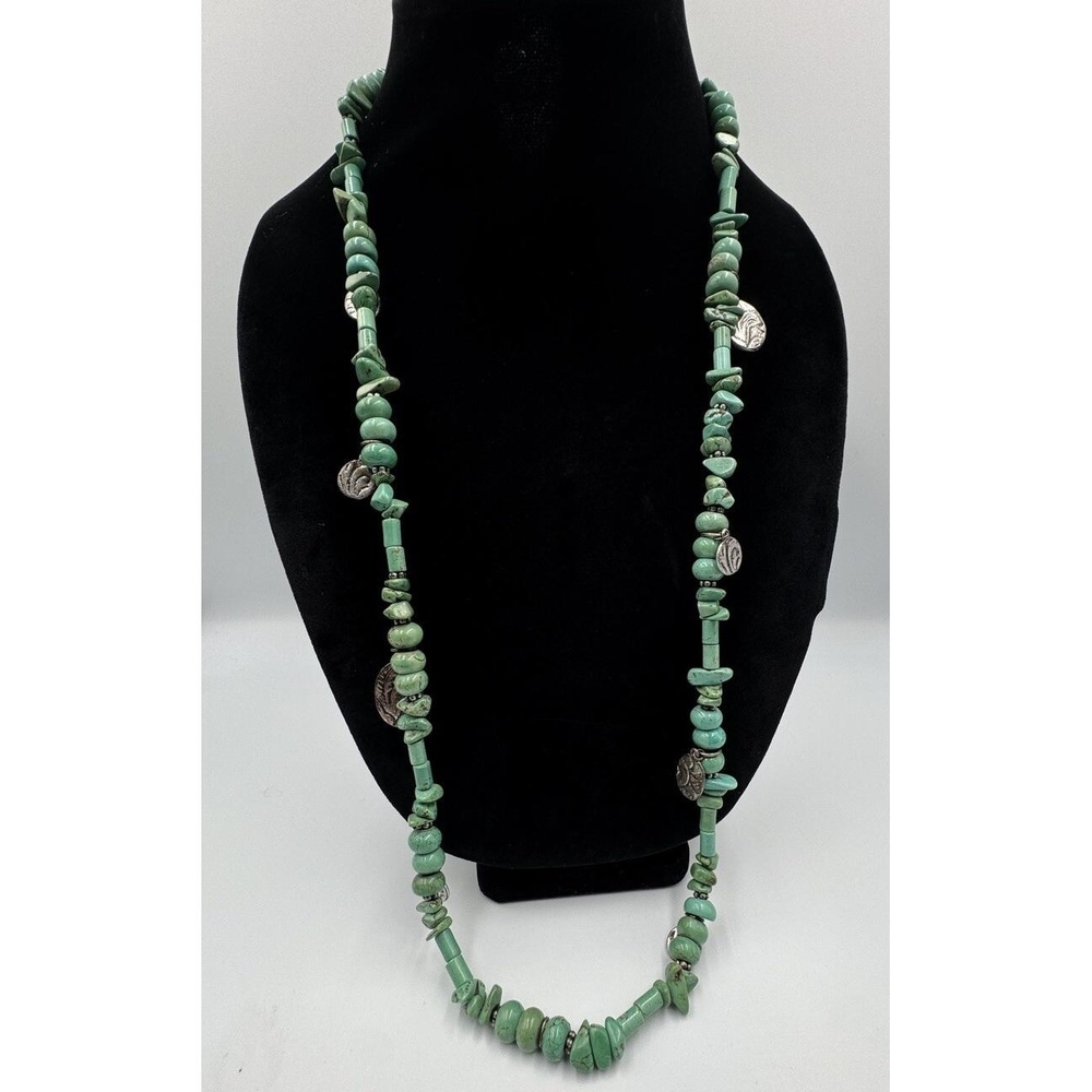 Coldwater Creek 32 Long  Faux‎ Turquoise Stone Necklace Oxidized Silvertone